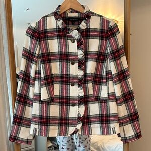 Talbots Women's Ruffled Plaid Blazer - Red, Black, and White